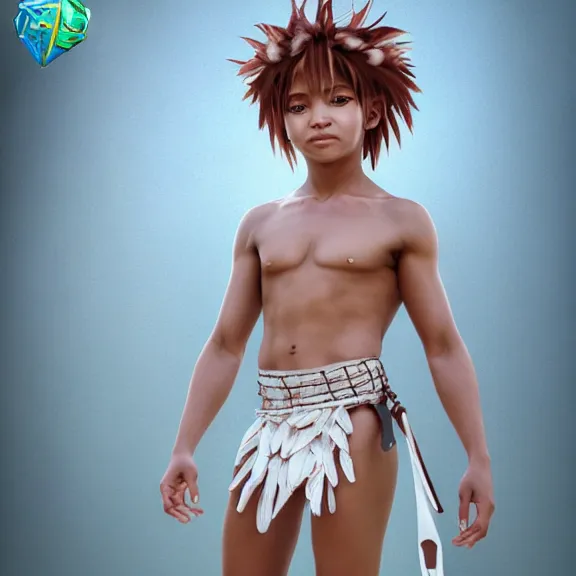 Prompt: 3 d render of a cute young tribal anime boy in a loincloth, body paint, white skin, lithe, fantasy artwork, fluffy hair, award winning, hyper detailed, very very very beautiful, studio lighting, artstation, unreal engine, unreal 5, 4 k, octane renderer