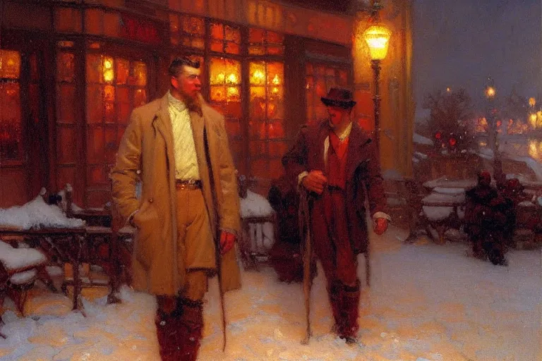 Image similar to winter, attractive male, neon light, painting by gaston bussiere, craig mullins, j. c. leyendecker