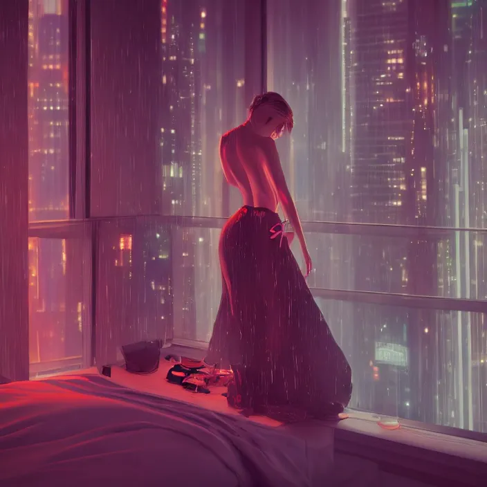 Prompt: portrait of a dancing girl wearing a gown, short hair, bed room, cyberpunk city view out of the window, no lights in bedroom, bright neon lights from the city, elegant, highly detailed, artstation, soft lights, night, fog, sharp focus