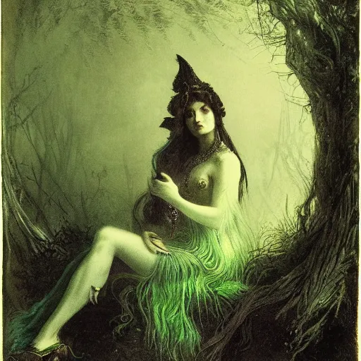 Prompt: ymmetrical portrait of a harpy witch queen, and black eyeshadow, feathered eyelashes, wearing a green venetian mask, in a dark forest in the style of gustave dore, ivan aivazovsky, rembrandt, theodore gericault and moebius