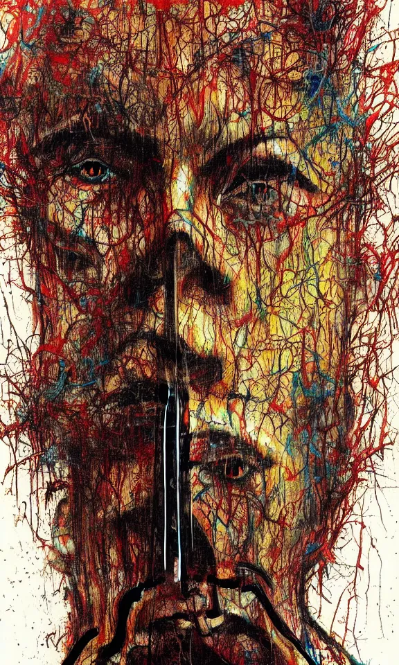 Prompt: hyper realistic portrait of a peter seiman cello by bob eggleton and affandi and carne griffiths and chiharu shiota, cinematic, artstation, evil, possessed, scary, cgsociety,