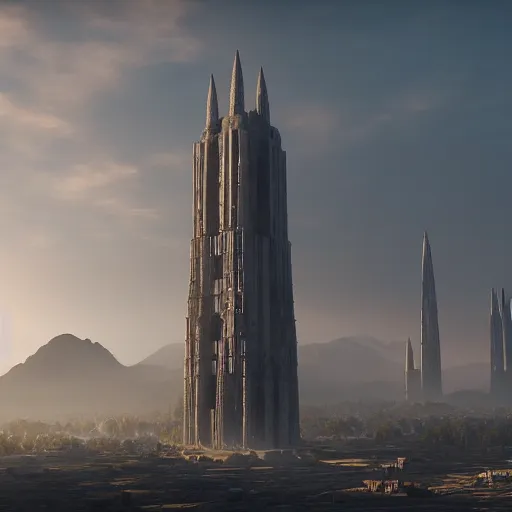 Image similar to a gigantic brutalist ancient tower, a detailed structure with at the top 3 spires in form of a trident, 6 0 0 hundred meters tall set against sunlit, all surrounded by smoke, mountains and a huge old city, 8 k, art station, ultra realistic, cinematic composition, style of weta, in the style of ilm