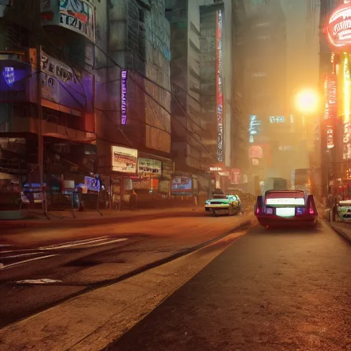 Image similar to a 3 d rendered in unreal engine guatemalan cyberpunk city with neon ads and signs with evocative dramatic mood with blade runner vibe with cars with motion blur with depth of field with bloom with lightshaft with volumetric lights, fog, by scott robertson, oscar winning graphics, photo realistic, bloom, imax, dynamic lighting, artstation,