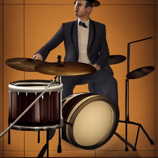 Image similar to 1940's musician playing drums, photorealistic art, hd, 8k, cinematic lighting, intricate details, high definition