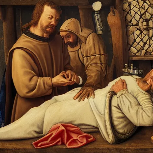 Image similar to detailed portrait of a medieval doctor performing treatment on a peasant, 4 k high detail, scientific