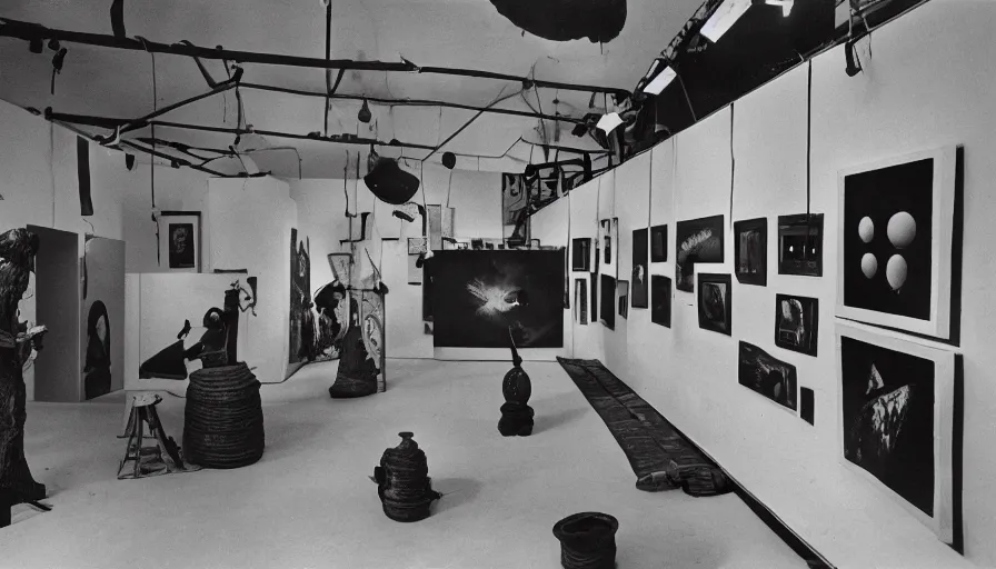 Prompt: a _ black _ and _ white _ photography _ of _ an _ exhibition _ space _ with _ anthropological _ objects _ 6 0 s _ offset _ lithography _ print _ newspaper _