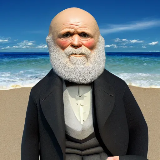 Image similar to charles darwin in a bikini realistic 4 k photograph sunny beach happy