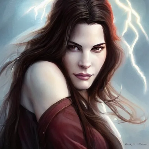 Image similar to liv tyler 2 0 - years old as the greek god of lightning, highly detailed, young, by artgerm and greg rutkowski