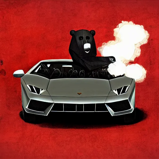 Image similar to a anthropomorphic bear beast - man in a suit smoking a cigar while drifting in a lamborghini, digital art