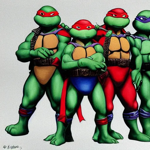 Image similar to teenage mutant ninja turtles in 1 9 9 0 s, photorealistic