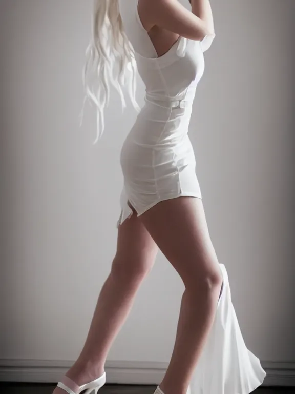 Image similar to photo of gorgeous seductive tall emily skinner cosplaying annie leonhart wearing open toe heels, wearing tight white dress, in a white room, beautiful face, pale skin, rule of thirds, cinematic lighting, sharp focus, backlit, stunning, smooth, hard focus, full body shot, studio photo, shot on sony a 7 iii