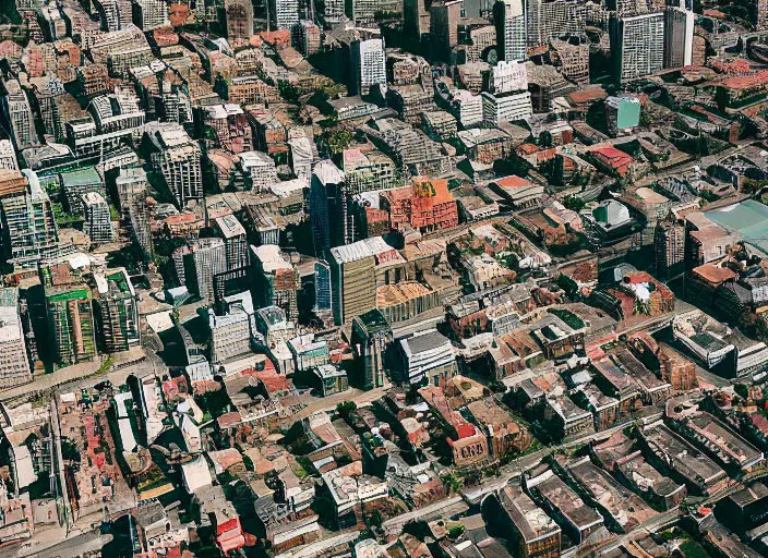 Prompt: aerial photo of a city where buildings are cats and dogs