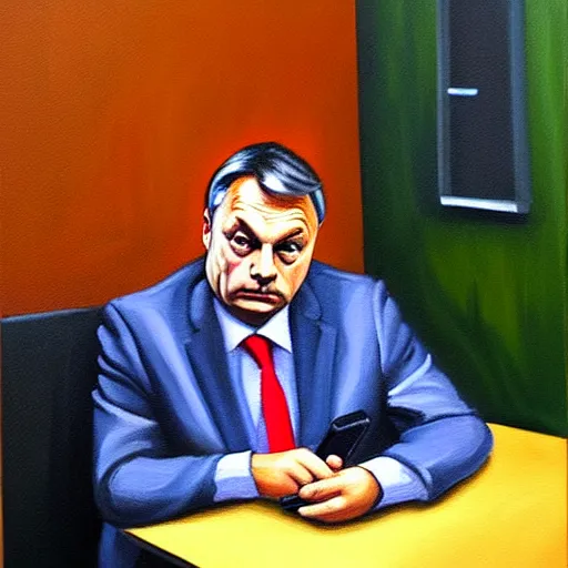 Prompt: viktor orban tiktok on his phone in a cubicle, oil painting