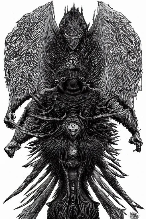 Image similar to raven monster, symmetrical, highly detailed, digital art, sharp focus, trending on art station, kentaro miura manga art style