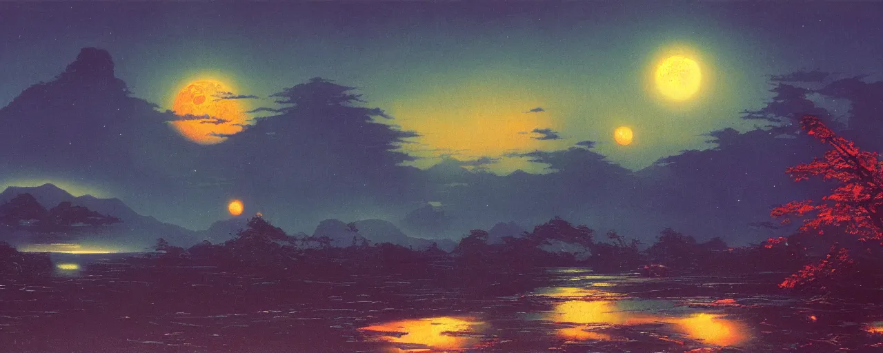 Image similar to awe inspiring bruce pennington landscape, digital art painting of 1 9 6 0 s, japan at night, 4 k, matte