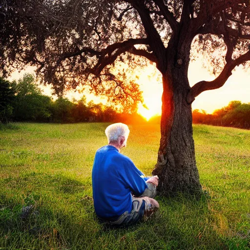 Prompt: 8k photograph. old man sitting under an oak tree he planted as a child. National Geographic. Sunset. Nature.