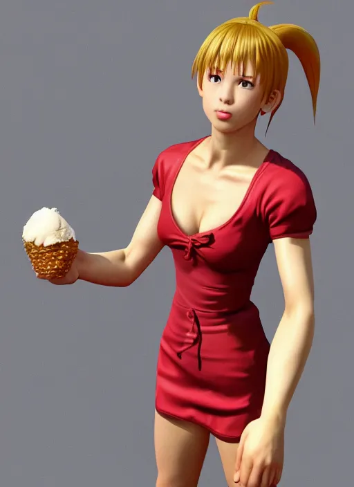 Prompt: 3D render of Sakura from Street Fighter eating an ice cream cone