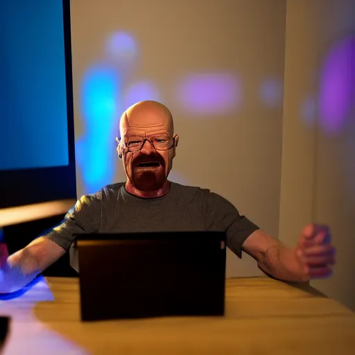 Prompt: dslr photo of walter white as a twitch streamer, playing video games, room lit with leds. he is screaming at the screen. realism, sharp focus, volumetric lighting