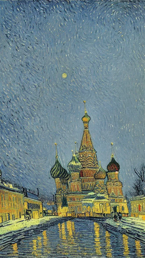 Prompt: Moscow in winter by Van Gogh