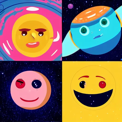 Prompt: outer space view of living planets with cartoon faces, style by kurzgesagt and pixar and dreamworks and disney