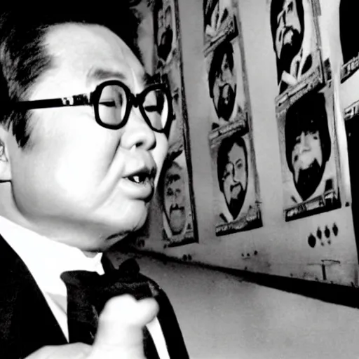 Image similar to A filmstill of Kim Jong-il looking upwards towards a movie screen projecting monster movies, cinemascope