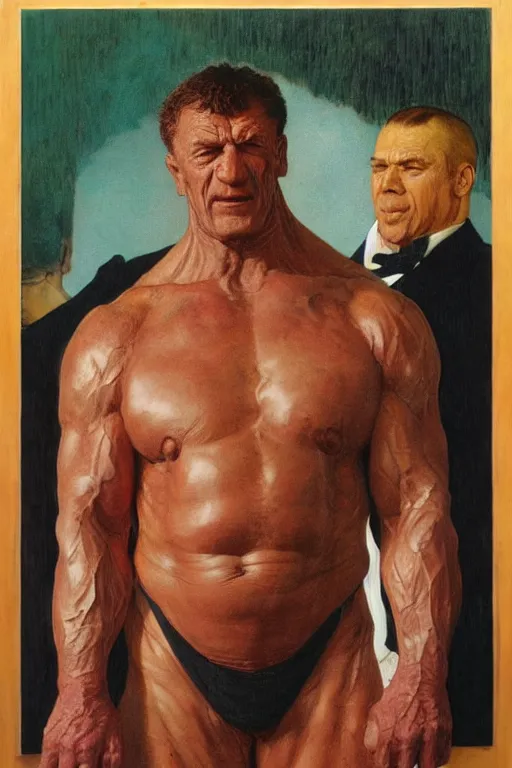 Image similar to upper body and head portrait of huge dorian yates as hulking kingpin wearing tuxedo by lawrence alma tadema and zdzislaw beksinski and norman rockwell and jack kirby and tom lovell and greg staples