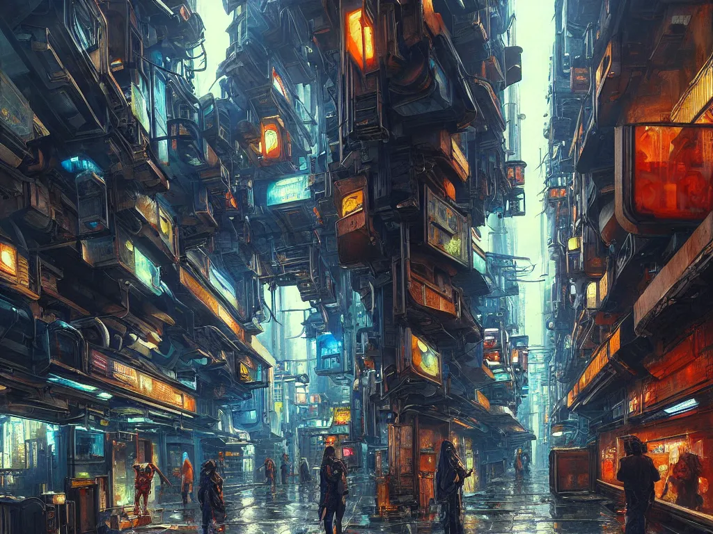 Prompt: realistic painting of a complex, distorted, gritty alleyway of a futuristic city, piping, concept art, technological screens, cyberpunk style, cyberpunk ads, intricate detail, noriyoshi ohrai and edward hopper, realism, blue color scheme, trending on artstation