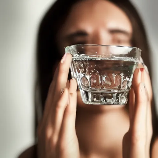 Prompt: close - up of a teenage girl hand holds a glass of fresh water in a modern kitchen, close - up, depth field, advertising photography, 8 k, by nadav kander