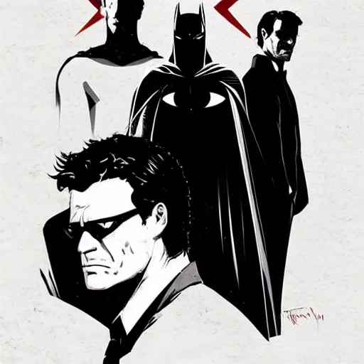 Prompt: Thomas Jane, an illustration of Bruce Wayne and Clark Kent with both Batman and Superman lurking in their shadows, art by Ilya Kuvshinov, highly detailed, comics, epic landscape, HD digital art, artstation
