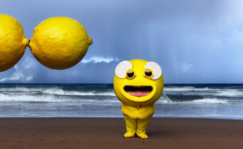 Image similar to a photograph, of a real anthropomorphic lemon cartoon character, it has lemon skin texture, otand a vr goggles, it's building a sandcastle on the beach at sunset, beach, huge waves, bright sun, turbid clouds, rainbow, tropical trees, rim light, sand, sandcastle, volumetric lightening, pentax k 1 0 0 0