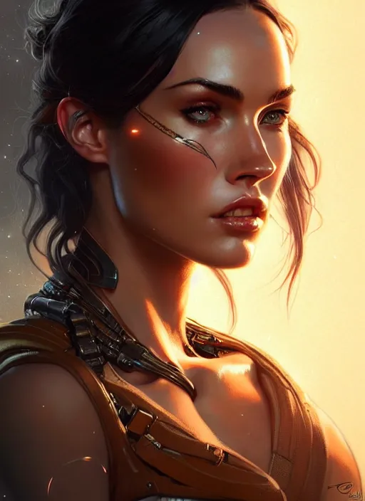 Image similar to portrait of apex legends megan fox, intricate, elegant, glowing lights, highly detailed, digital painting, artstation, glamor pose, concept art, smooth, sharp focus, illustration, art by artgerm and greg rutkowski, artey freytag