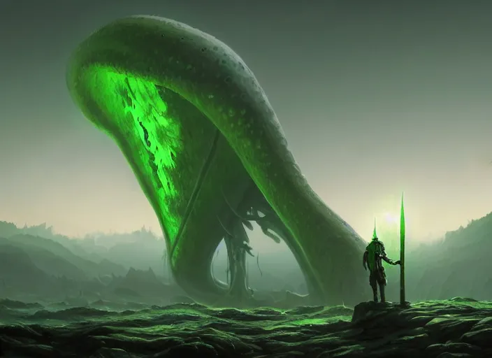 Image similar to giant monstrous green aggressive squid monster towering over man in white armor who has a gleaming sword made of black fire. The foreground is covered by mystical, translucent mist, epic science fiction horror digital matte painting by Simon Stalenhag and Mark Brooks (and Greg Rutkowski), extremely detailed, artstation