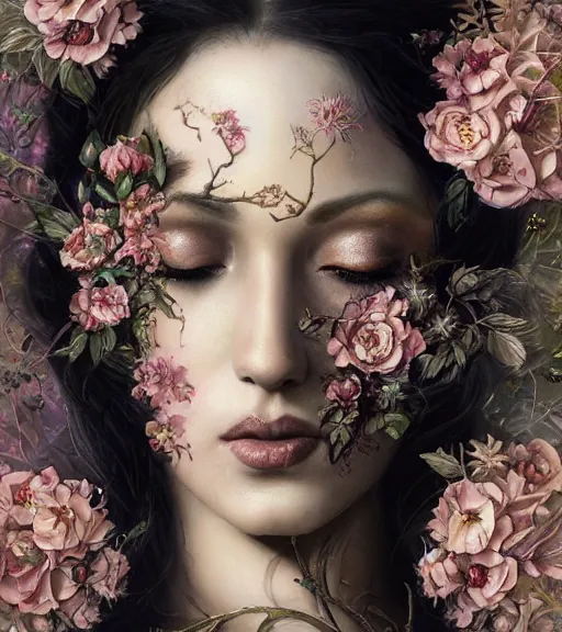 Image similar to portrait of the supreme queen of the dark cult, surrounded overgrowth and flowers 🍂 by karol bak, WLOP, James Jean, tom bagshaw, rococo, trending on artstation, fantasy magic fashion girl portrait, glossy eyes, face, fantasy, intricate, elegant, highly detailed, digital painting, concept art, smooth, sharp focus, illustration, cinematic lighting, hyper realism, octane render, 8k, hyper detailed.