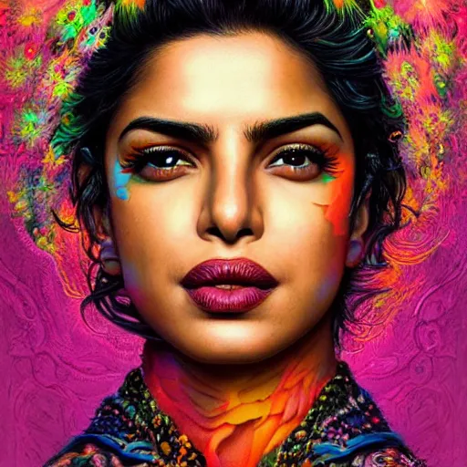 Image similar to portrait of priyanka chopra, hyper detailed masterpiece, neon floral pattern, jean giraud, digital art painting, darkwave goth aesthetic, psychedelic, artgerm, donato giancola and tom bagshaw