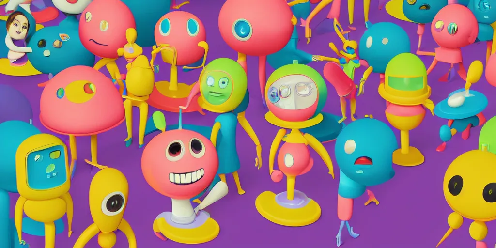 Prompt: Smooth Colorful Digital Painting by Mark Ryden in a 1950s atom-age Jetsons cartoon playground, a group of 3D retro smiling dancing plastic children and robots, symmetrical faces; Photorealistic Wide-Shot OctaneRender, ambient occlusion, subsurface scatter, radiosity, trending on Artstation H 768