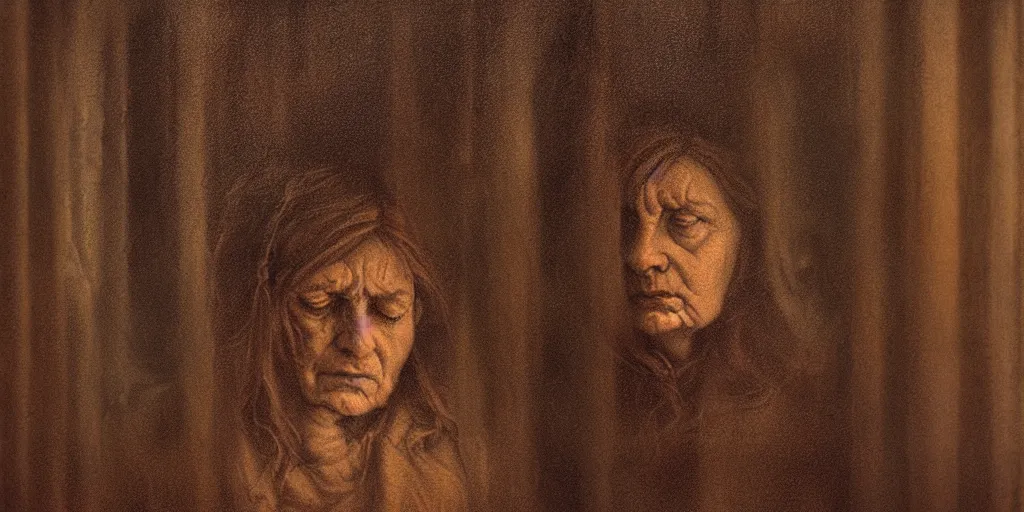Prompt: portrait bust of a mother, tired expression, faded color film, russian cinema, tarkovsky, kodachrome, inside old cabin, next to window, heavy forest outside, long brown hair, old clothing, heavy fog, brown color palette, hudson river school, 4 k, dramatic lighting, greg rutkowski