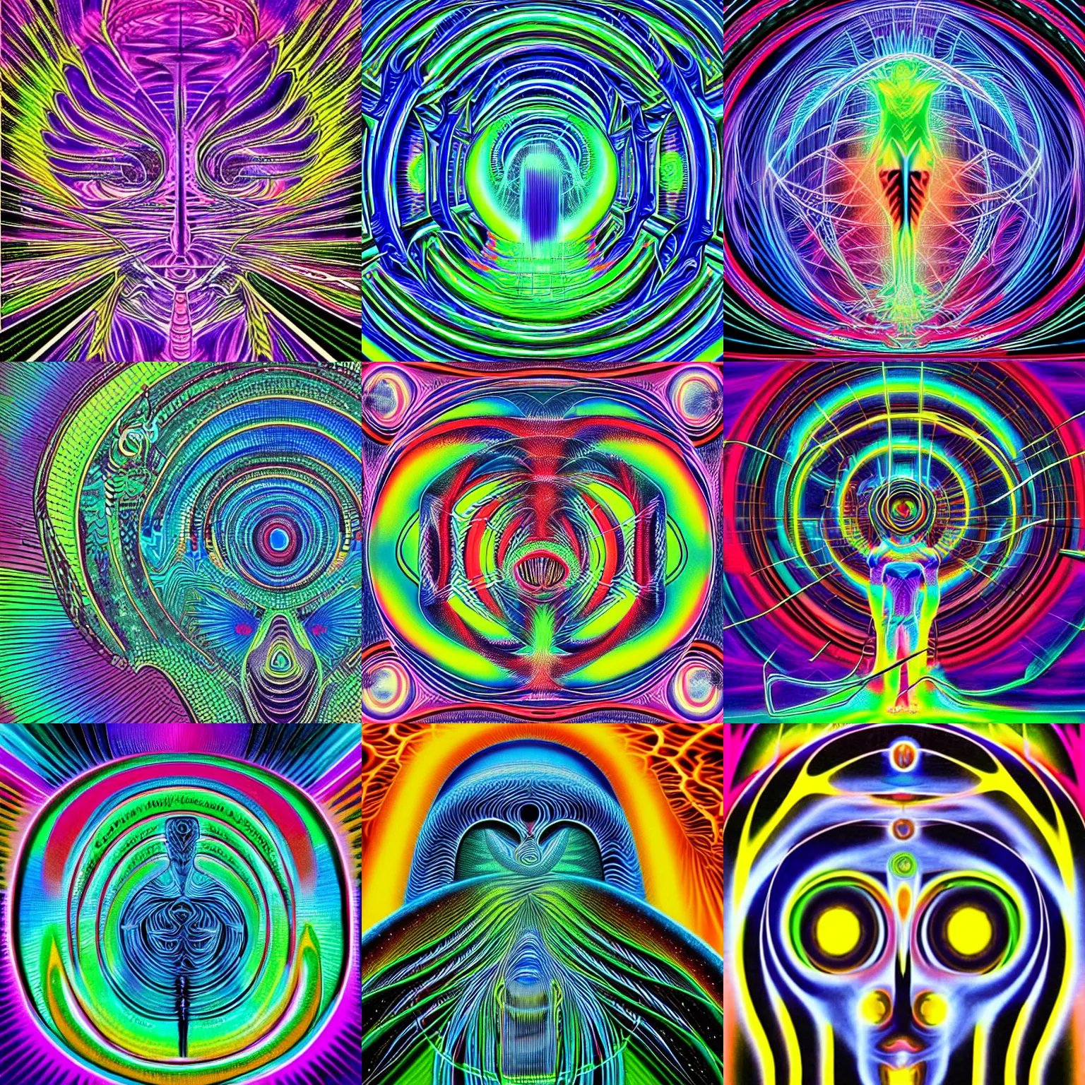 Prompt: graphic of an elemental of the subliminal liminal spaces between the bent fabric of reality and unwavering unreality that brings the quantification of the electrical etherical void that renders all volumetric cascades indeterminable in the style of alex grey and technogloop watercore lemur