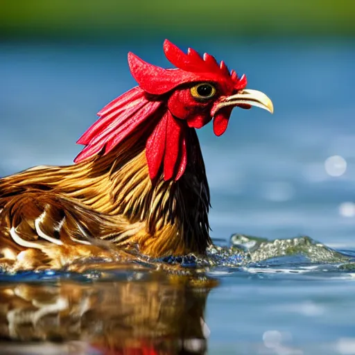 Image similar to close up photo of a chicken, drinking water from a lake in tasmania, bokeh, 4 0 0 mm lens, 4 k award winning nature photography