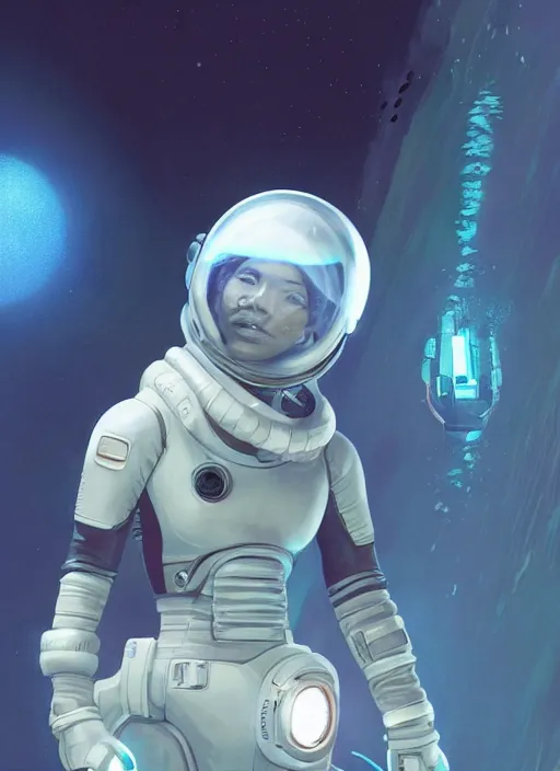 Image similar to Zoe Kravitz with short hair as a futuristic astronaut, helmet with led lights, underwater in the ocean at night, clear water, volumetric lighting, glowing lights, 4k, octane, digital painting, artstation, concept art, sharp focus, illustration, art by artgerm and greg rutkowski and alphonse mucha , wide angle view,