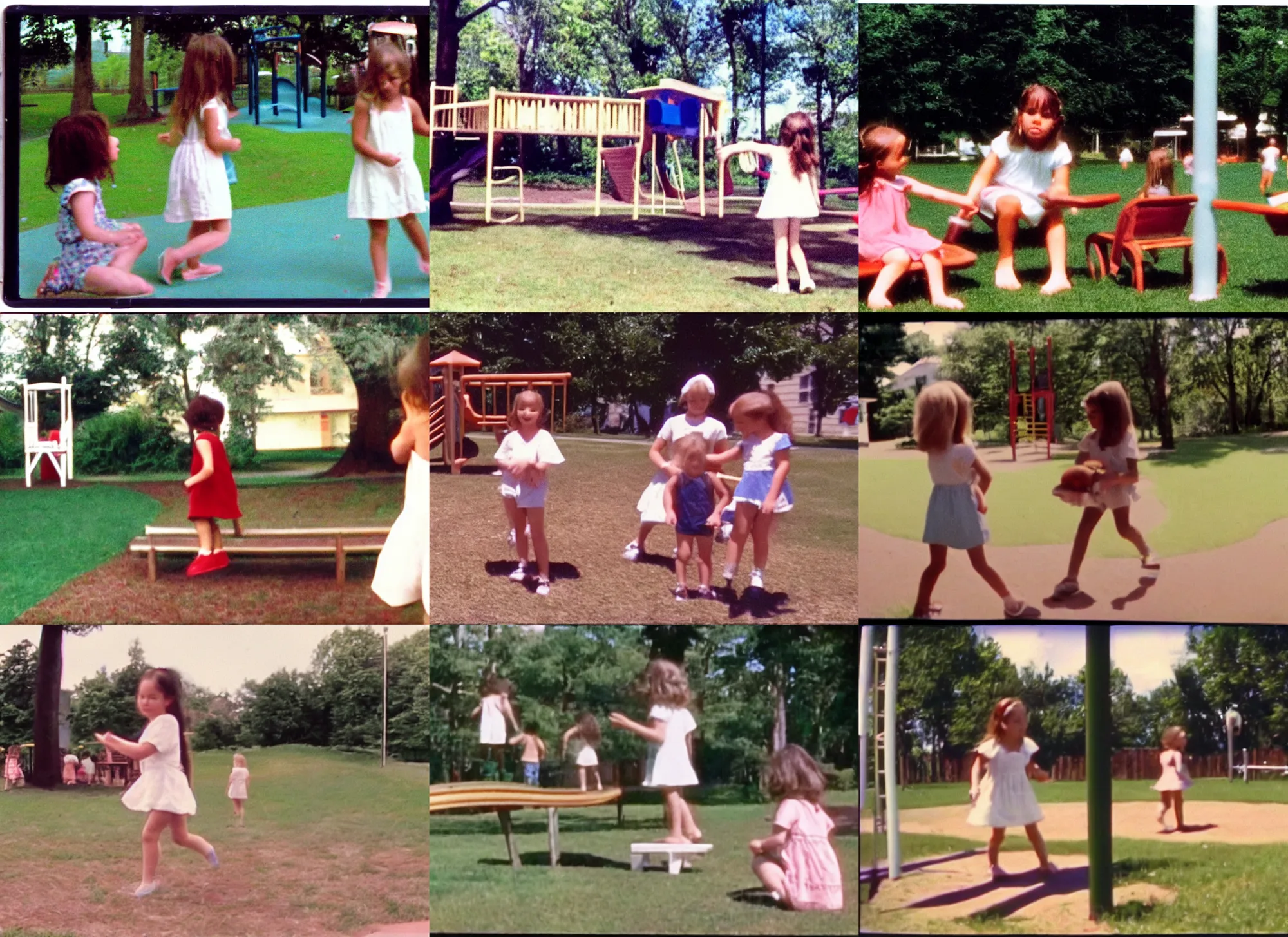 Prompt: Home video footage, A girl in white is playing in the playground, summer. Color VHS picture quality with mixed noise, Filmed by dad.