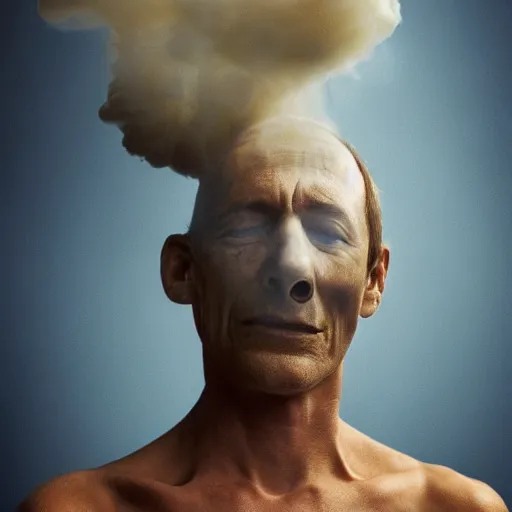 Prompt: annie liebowitz photo of a man who's head is turning into a puff of smoke