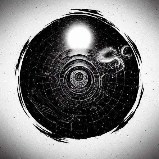 Prompt: tattoo png logo of black hole rising above city, city destroyed by shockwave, black hole with accretion disс, digital art, vector logo, sticker, black and white, art by brock hofer, marc simonetti, zdzisław beksinski