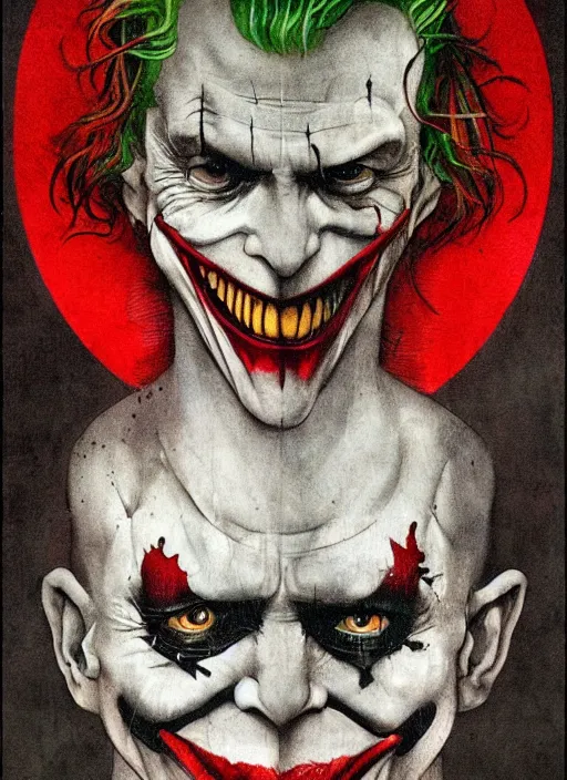 Prompt: The Joker from Dark Knight by Hieronymus Bosch and James Jean, rule of thirds, highly detailed features, perfect symmetry, horror elements, horror theme, award winning