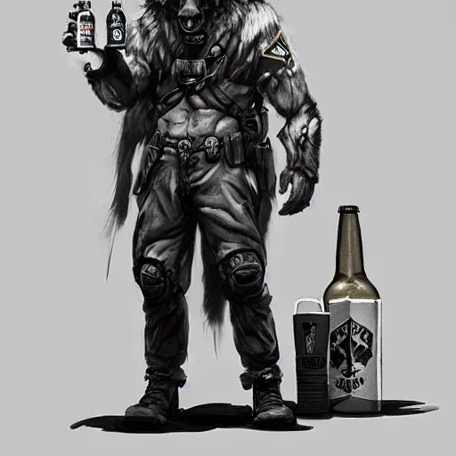 Image similar to a humanoid german shepherd beast - man in military style, holding a bottle of beer, artstation, concept art, smooth, sharp foccus ilustration, artstation