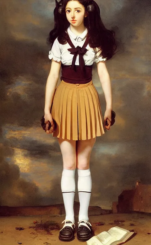 Prompt: school girl with three heads, school uniform, seifuku, pleated miniskirt, overknee socks, battle angel alita. by rembrandt 1 6 6 7, illustration, by konstantin razumov, by william - adolphe bouguerea