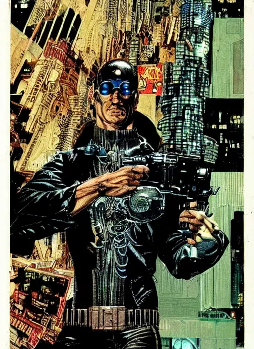 Prompt: cyberpunk the punisher. portrait by clyde caldwell and jean giraud and will eisner and gil elvgren