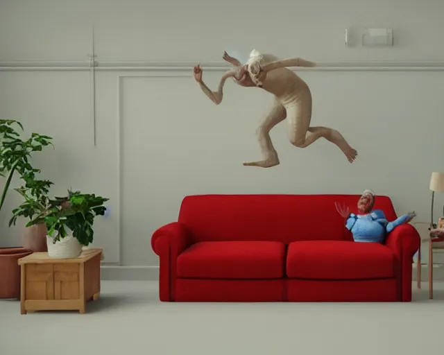 Image similar to of a very beautiful scene. ambient occlusion render. a sweet fat old woman is flying above the sofa. hyper realistic. 4 k. wide angle. wild. symmetrical face, red mouth, blue eyes. deep focus, lovely scene. ambient occlusion render. concept art. unreal engine.