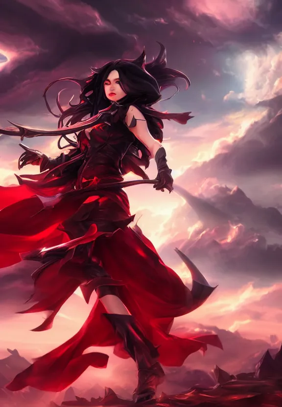 Image similar to a beautiful fierce long black haired woman wearing red dress wielding black sword posing heroically, heavenly moonlit clouds background, close up shot, league of legends style, splash art, highly detailed, vray, artstation, extremely detailed woman, stunning volumetric lighting, hyper realism, fantasy 4k