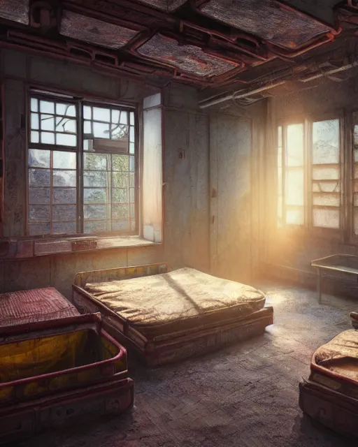 Image similar to artstation scifi scene of a shabby chinese rural room, earth kang, bookcasel lounge furniture, large terrarium, beds, paneled walls, unreal engine 5, hyper realism, realistic shading, cinematic composition, blender render, octane render, hdr, detailed textures, photorealistic, wide shot