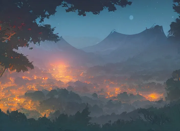 Image similar to concept art painting of a distant small woodland village at midnight, by a river in a mountain valley seen from above, night time, european japanese buildings, cel shaded, realistic, by makoto shinkai and moebius and anton fadeev and greg rutkowski and james gurney